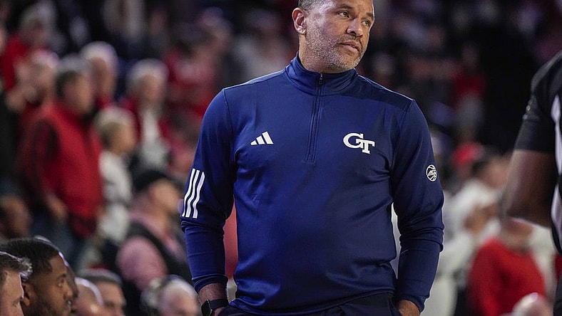 Dec 5, 2023; Athens, Georgia, USA; Georgia Tech Yellow Jackets head coach Damon Stoudamire reacts against the Georgia Bulldogs during the second half at Stegeman Coliseum. Mandatory Credit: Dale Zanine-USA TODAY Sports