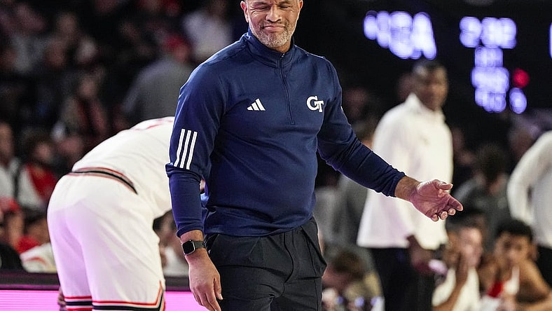 Dec 5, 2023; Athens, Georgia, USA; Georgia Tech Yellow Jackets head coach Damon Stoudamire reacts during the game against the Georgia Bulldogs at Stegeman Coliseum. Mandatory Credit: Dale Zanine-USA TODAY Sports