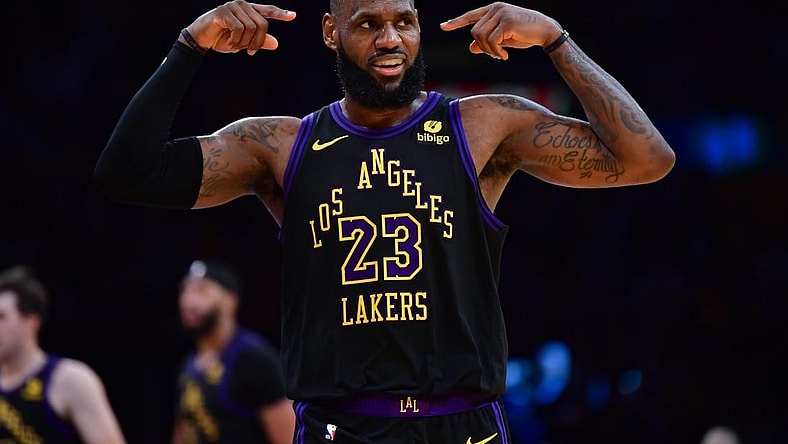 Dec 5, 2023; Los Angeles, California, USA; Los Angeles Lakers forward LeBron James (23) celebrates his basket scored against the Phoenix Suns during the second half of the In Season Tournament quarterfinal at Crypto.com Arena. Mandatory Credit: Gary A. Vasquez-USA TODAY Sports