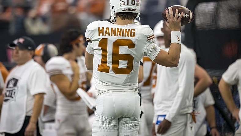 Dec 2, 2023; Arlington, TX, USA; Texas Longhorns quarterback Arch Manning (16) in action during the game between the Texas Longhorns and the Oklahoma State Cowboys at AT&T Stadium. Mandatory Credit: Jerome Miron-USA TODAY Sports