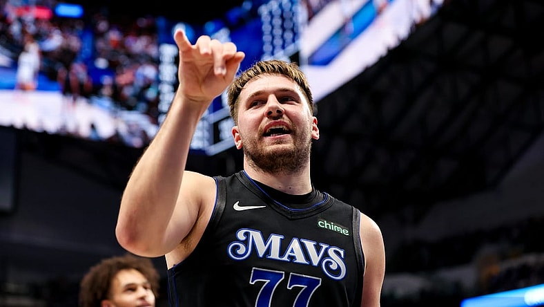 Dec 6, 2023; Dallas, Texas, USA; Dallas Mavericks guard Luka Doncic (77) reacts during the second quarter against the Utah Jazz at American Airlines Center. Mandatory Credit: Kevin Jairaj-USA TODAY Sports