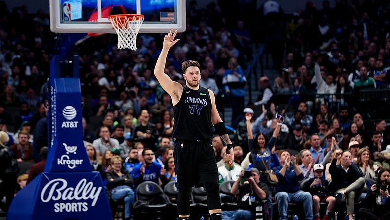 Dec 6, 2023; Dallas, Texas, USA;  Dallas Mavericks guard Luka Doncic (77) reacts during the second quarter against the Utah Jazz at American Airlines Center. Mandatory Credit: Kevin Jairaj-USA TODAY Sports