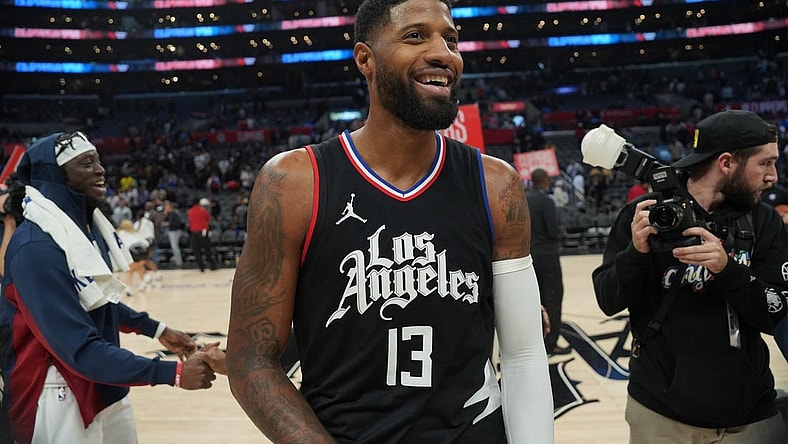 Dec 6, 2023; Los Angeles, California, USA; LA Clippers forward Paul George (13) reacts after the game against the Denver Nuggets at Crypto.com Arena. Mandatory Credit: Kirby Lee-USA TODAY Sports