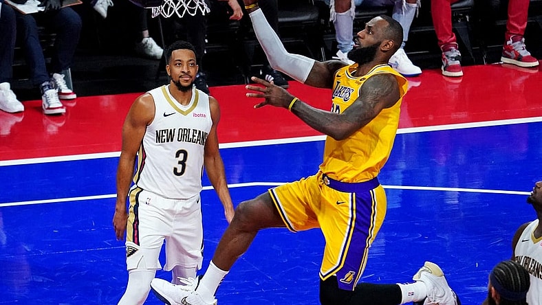 Dec 7, 2023; Las Vegas, Nevada, USA; Los Angeles Lakers forward LeBron James (23) shoots the ball against Los Angeles Lakers forward Anthony Davis (3) in the NBA In Season Tournament Semifinal at T-Mobile Arena. Mandatory Credit: Kyle Terada-USA TODAY Sports