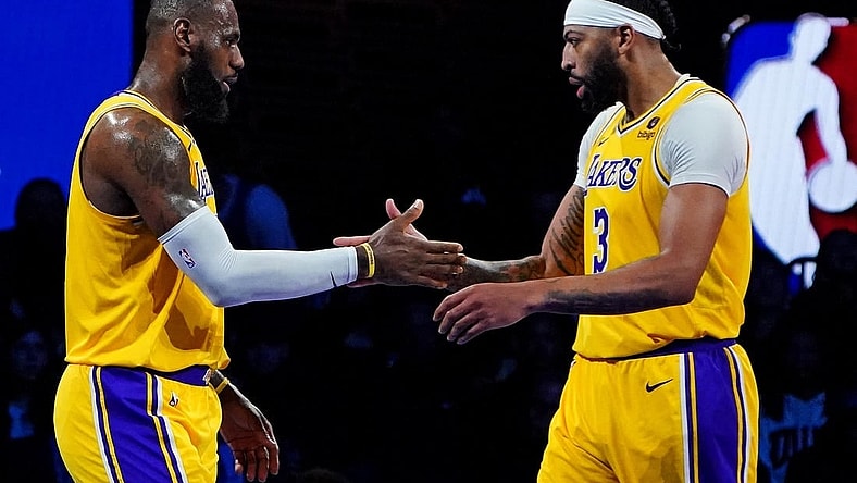 Dec 7, 2023; Las Vegas, Nevada, USA; Los Angeles Lakers forward LeBron James (23) celebrates with forward Anthony Davis (3) during the third quarter against the New Orleans Pelicans in the NBA In Season Tournament Semifinal at T-Mobile Arena. Mandatory Credit: Kyle Terada-USA TODAY Sports