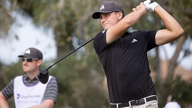Ludvig Aberg tees off on the ninth hold at the Grant Thornton Invitational at Tiburon Golf Club in Naples on Friday, Dec. 8, 2023.