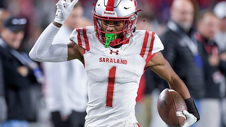 Saraland's Ryan Williams (1) scores his second touchdown of the night against Clay-Chalkville during the AHSAA Class 6A football state championship game at Bryant Denny Stadium in Tuscaloosa, Ala., on Friday December 8, 2023.