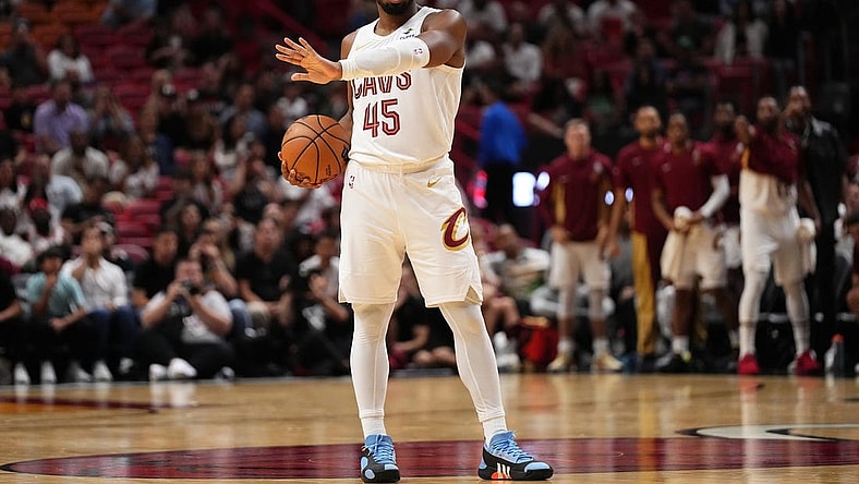 Dec 8, 2023; Miami, Florida, USA; Cleveland Cavaliers guard Donovan Mitchell (45) stands with the ball on the court during the second half against the Miami Heat at Kaseya Center. Mandatory Credit: Jasen Vinlove-USA TODAY Sports