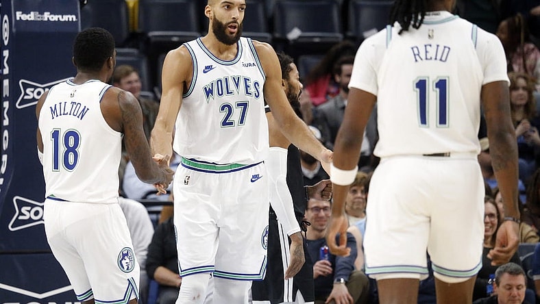 Dec 8, 2023; Memphis, Tennessee, USA; Minnesota Timberwolves center Rudy Gobert (27) reacts during the second half against the Memphis Grizzlies at FedExForum. Mandatory Credit: Petre Thomas-USA TODAY Sports