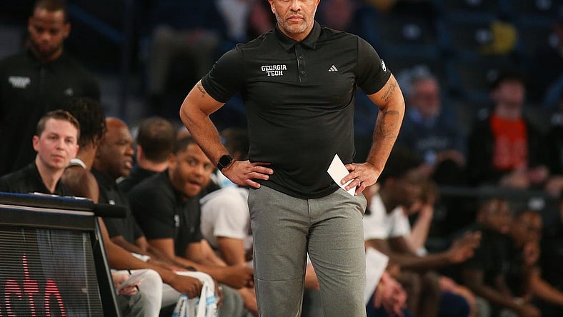 Dec 9, 2023; Atlanta, Georgia, USA; Georgia Tech Yellow Jackets head coach Damon Stoudamire on the sideline against the Alabama A&M Bulldogs in the first half at McCamish Pavilion. Mandatory Credit: Brett Davis-USA TODAY Sports