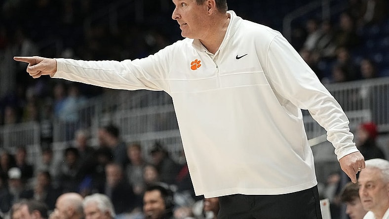 Dec 9, 2023; Toronto, Ontario, CAN; Clemson Tigers head coach Brad Brownell gestures to his players during the second half against TCU Horned Frogs at Coca-Cola Coliseum. Mandatory Credit: John E. Sokolowski-USA TODAY Sports