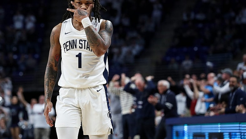Dec 9, 2023; University Park, Pennsylvania, USA; Penn State Nittany Lions guard Ace Baldwin Jr (1) gestures after shooting a three-point basket during the second half against the Ohio State Buckeyes at Bryce Jordan Center. Penn State defeated Ohio State 83-80. Mandatory Credit: Matthew O'Haren-USA TODAY Sports