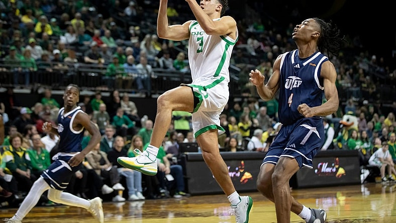 Oregon guard Jackson Shelstad goes up for a layup as the Oregon Ducks host UTEP Saturday, Dec. 9, 2023, at Matthew Knight Arena in Eugene, Ore.