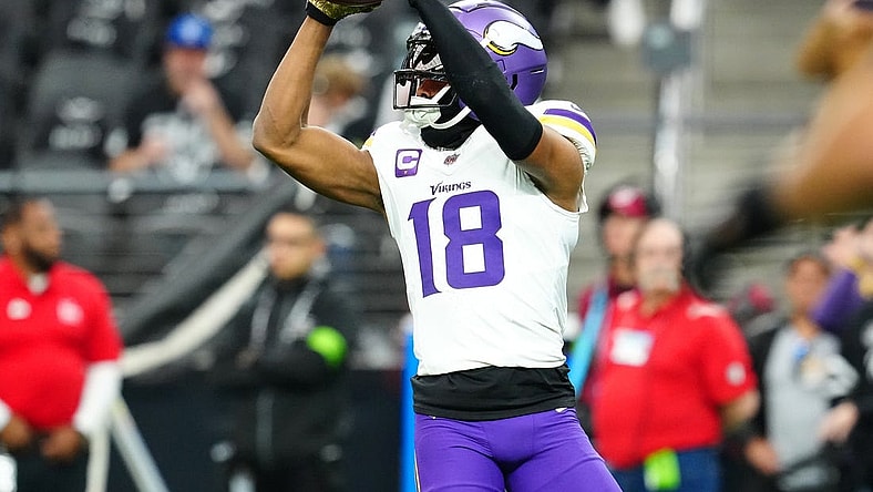 Dec 10, 2023; Paradise, Nevada, USA; Minnesota Vikings wide receiver Justin Jefferson (18) warms up before a game against the Las Vegas Raiders at Allegiant Stadium. Mandatory Credit: Stephen R. Sylvanie-USA TODAY Sports