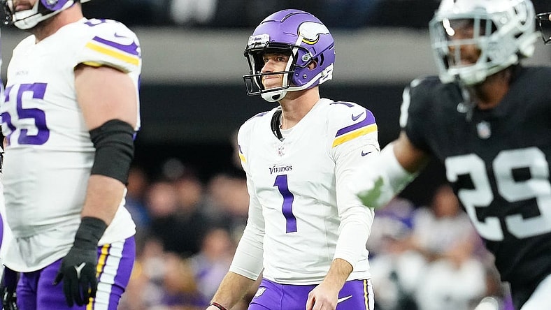 Dec 10, 2023; Paradise, Nevada, USA; Minnesota Vikings place kicker Greg Joseph (1) reacts after missing a field goal attempt against the Las Vegas Raiders during the first quarter at Allegiant Stadium. Mandatory Credit: Stephen R. Sylvanie-USA TODAY Sports