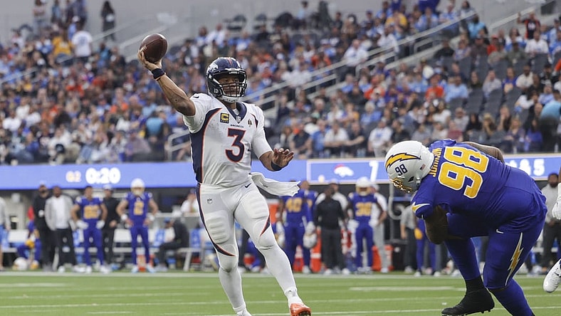 Dec 10, 2023; Inglewood, California, USA; Denver Broncos quarterback Russell Wilson (3) throws the ball during the first half in a game against the Los Angeles Chargers at SoFi Stadium. Mandatory Credit: Yannick Peterhans-USA TODAY Sports