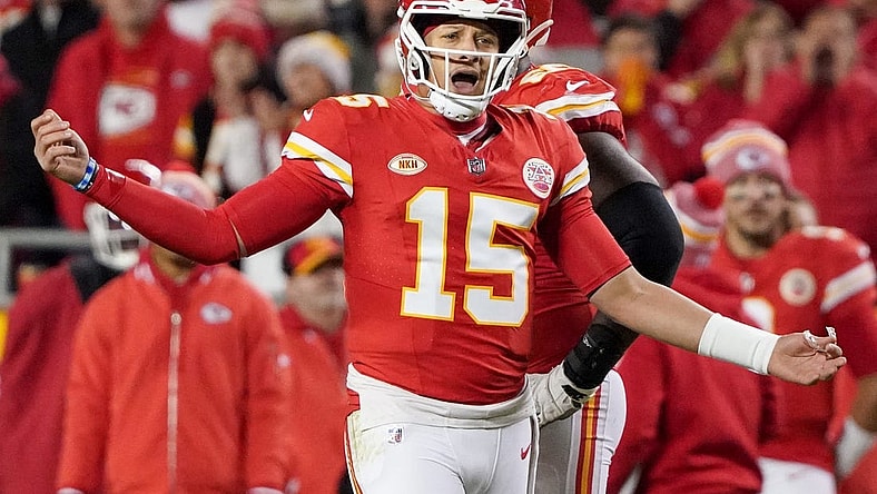 Dec 10, 2023; Kansas City, Missouri, USA; Kansas City Chiefs quarterback Patrick Mahomes (15) gestures to an official after a play against the Buffalo Bills during the second half at GEHA Field at Arrowhead Stadium. Mandatory Credit: Denny Medley-USA TODAY Sports