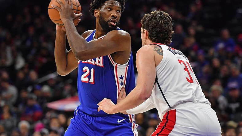 Dec 11, 2023; Philadelphia, Pennsylvania, USA; Philadelphia 76ers center Joel Embiid (21) is defended by Washington Wizards center Mike Muscala (35) during the first quarter at Wells Fargo Center. Mandatory Credit: Eric Hartline-USA TODAY Sports