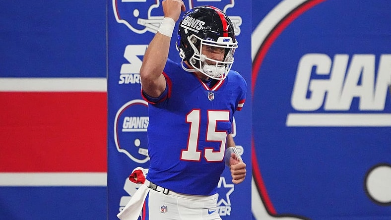 Dec 11, 2023; East Rutherford, New Jersey, USA; New York Giants quarterback Tommy DeVito (15) reacts before the game against the Green Bay Packers at MetLife Stadium. Mandatory Credit: Robert Deutsch-USA TODAY Sports