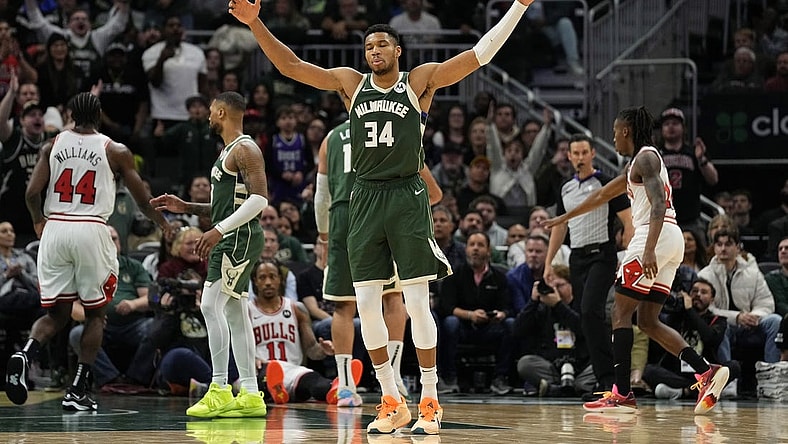 Dec 11, 2023; Milwaukee, Wisconsin, USA;  Milwaukee Bucks forward Giannis Antetokounmpo (34) reacts to a call during overtime against the Chicago Bulls at Fiserv Forum. Mandatory Credit: Jeff Hanisch-USA TODAY Sports