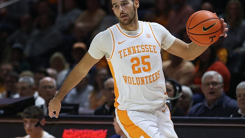 Dec 12, 2023; Knoxville, Tennessee, USA; Tennessee Volunteers guard Santiago Vescovi (25) brings the ball up court against the Georgia Southern Eagles during the first half at Food City Center at Thompson-Boling Arena. Mandatory Credit: Randy Sartin-USA TODAY Sports