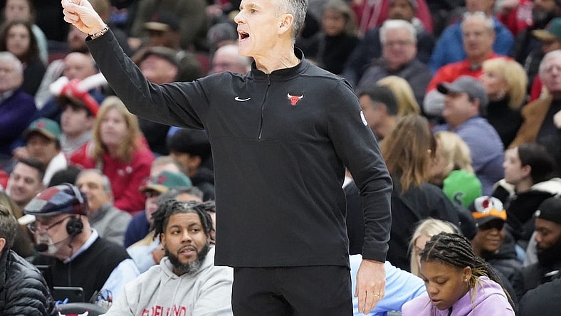 Dec 12, 2023; Chicago, Illinois, USA; Chicago Bulls head coach Billy Donovan gestures to his team against the Denver Nuggets during the second half at United Center. Mandatory Credit: David Banks-USA TODAY Sports
