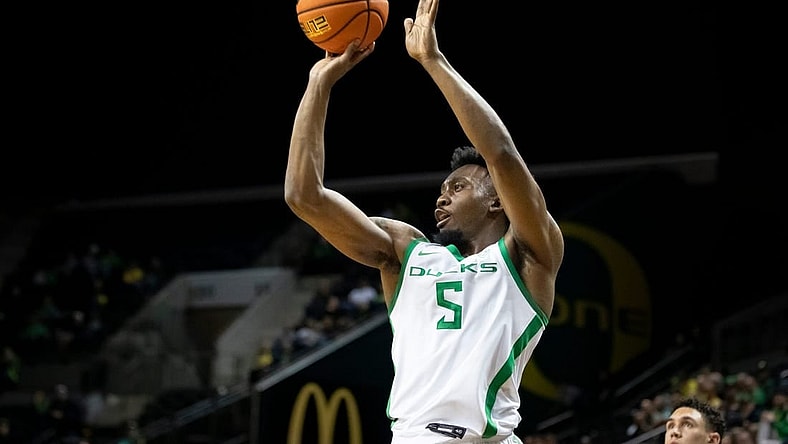 Oregon guard Jermaine Couisnard puts up a shot for three as the Oregon Ducks host California Baptist Tuesday, Dec. 12, 2023, at Matthew Knight Arena in Eugene, Ore.
