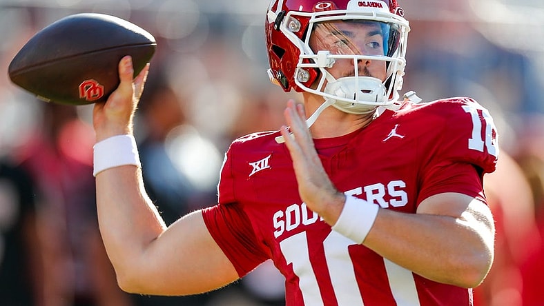 Oklahoma   s Jackson Arnold (10) warms up before an NCAA football game between University of Oklahoma (OU) and Iowa State at the Gaylord Family Oklahoma Memorial Stadium in Norman, Okla., on Saturday, Sept. 30, 2023.