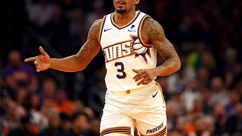 Dec 13, 2023; Phoenix, Arizona, USA; Phoenix Suns guard Bradley Beal (3) reacts after a play during the first quarter of the game against the Brooklyn Nets at Footprint Center. Mandatory Credit: Mark J. Rebilas-USA TODAY Sports