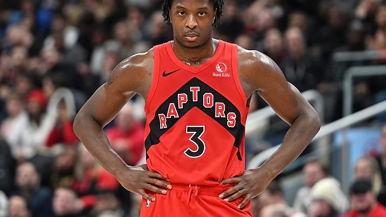 Dec 13, 2023; Toronto, Ontario, CAN;   Toronto Raptors forward OG Anunoby (3) waits for play to resume after a time out in the second half against the Atlanta Hawks at Scotiabank Arena. Mandatory Credit: Dan Hamilton-USA TODAY Sports