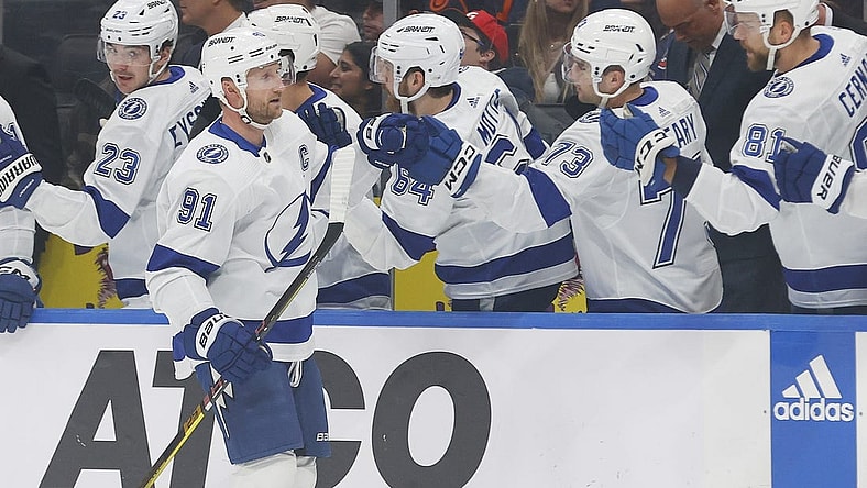 Dec 14, 2023; Edmonton, Alberta, CAN; The Tampa Bay Lightning celebrate a goal scored by forward Steven Stamkos (91) during the first period against the Edmonton Oilers at Rogers Place. Mandatory Credit: Perry Nelson-USA TODAY Sports