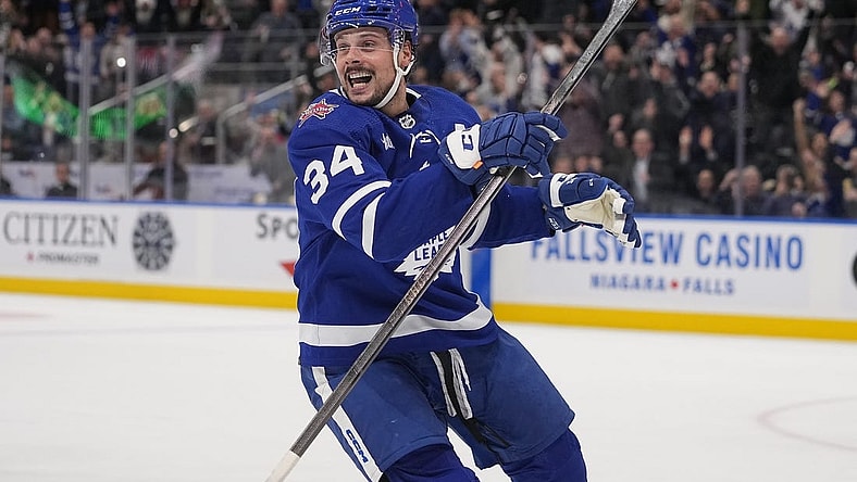 Dec 14, 2023; Toronto, Ontario, CAN; Toronto Maple Leafs forward Auston Matthews (34) reacts after scoring the tying goal to send the game to overtime against the Columbus Blue Jackets during the third period at Scotiabank Arena. Mandatory Credit: John E. Sokolowski-USA TODAY Sports