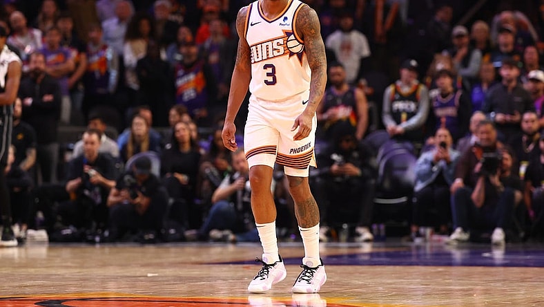 Dec 13, 2023; Phoenix, Arizona, USA; Phoenix Suns guard Bradley Beal (3) against the Brooklyn Nets at Footprint Center. Mandatory Credit: Mark J. Rebilas-USA TODAY Sports