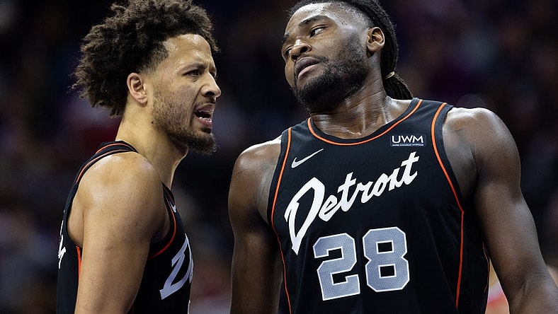 Dec 15, 2023; Philadelphia, Pennsylvania, USA; Detroit Pistons center Isaiah Stewart (28) reacts with guard Cade Cunningham (2) after a Philadelphia 76ers score during the second quarter at Wells Fargo Center. Mandatory Credit: Bill Streicher-USA TODAY Sports