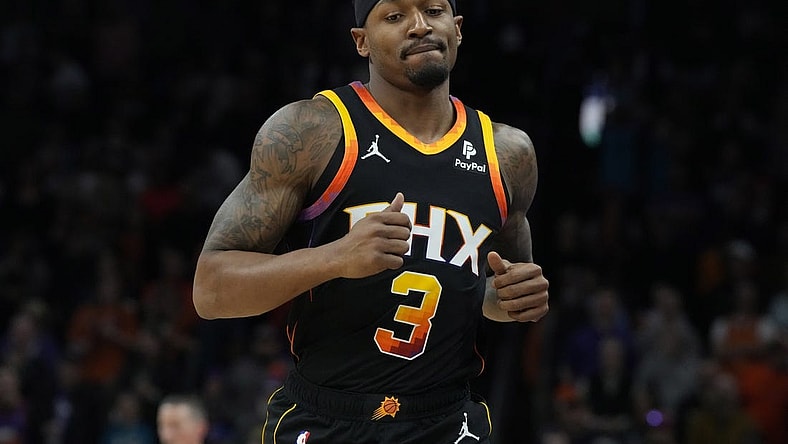 Dec 15, 2023; Phoenix, Arizona, USA; Phoenix Suns guard Bradley Beal (3) reacts after scoring against the New York Knicks in the first half at Footprint Center. Mandatory Credit: Rick Scuteri-USA TODAY Sports