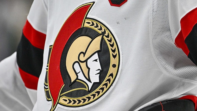 Dec 15, 2023; Dallas, Texas, USA; A view of the Ottawa Senators logo on the jersey of left wing Brady Tkachuk (7) during the game between the Dallas Stars and the Ottawa Senators at the American Airlines Center. Mandatory Credit: Jerome Miron-USA TODAY Sports