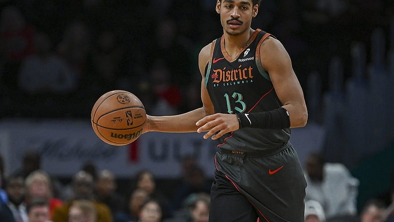 Dec 15, 2023; Washington, District of Columbia, USA;  Washington Wizards guard Jordan Poole (13) dribbles during the game against the Indiana Pacers at Capital One Arena. Washington Wizards defeated Indiana Pacers 137-123. Mandatory Credit: Tommy Gilligan-USA TODAY Sports