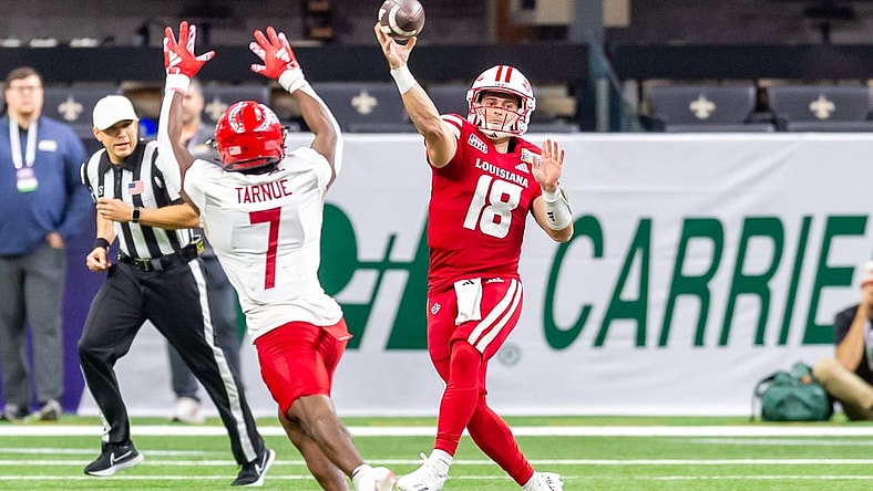 Cajuns quarterback Chandler Fields 18 throws a pass as Louisiana   s Ragin Cajuns take on the Jaksonville State Gacmecocks in the R&L Carriers New Orleans Bowl in the Caesars Superdome. New Orleans, La. Saturday, Dec. 16, 2023.
