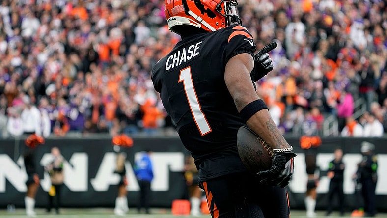 Cincinnati Bengals wide receiver Ja'Marr Chase (1) points to the crowd as the Bengals face the Minnesota Vikings at Paycor Stadium Saturday, December 16, 2023.