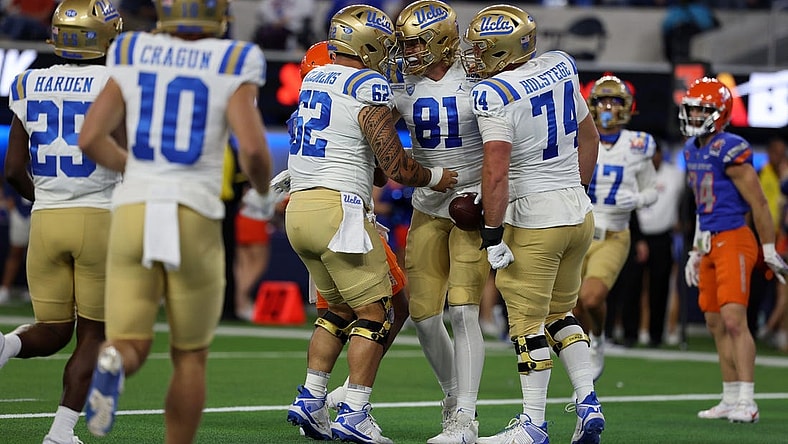 Dec 16, 2023; Inglewood, CA, USA; UCLA Bruins tight end Hudson Habermehl (81) celebrates with teammates after catching a touchdown pass in the first quarter against the Boise State Broncos during the LA Bowl at SoFi Stadium. Mandatory Credit: Kiyoshi Mio-USA TODAY Sports