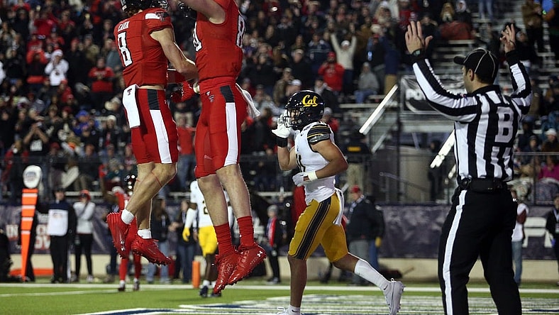 Dec 16, 2023; Shreveport, LA, USA; Texas Tech Red Raiders wide receiver Coy Eakin (8) reacts with tight end Mason Tharp (80) after a touchdown catch during the first half against the California Golden Bears at Independence Stadium. Mandatory Credit: Petre Thomas-USA TODAY Sports