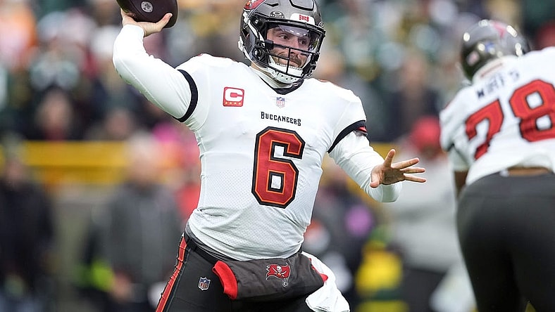 Dec 17, 2023; Green Bay, Wisconsin, USA;  Tampa Bay Buccaneers quarterback Baker Mayfield (6) throws a pass during the first quarter against the Green Bay Packers at Lambeau Field. Mandatory Credit: Jeff Hanisch-USA TODAY Sports