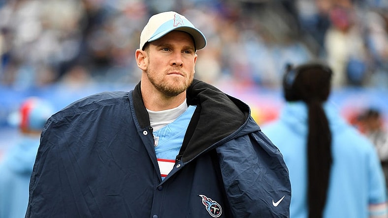 Dec 17, 2023; Nashville, Tennessee, USA; Tennessee Titans quarterback Ryan Tannehill (17) walks the sideline during the first half against the Houston Texans at Nissan Stadium. Mandatory Credit: Christopher Hanewinckel-USA TODAY Sports