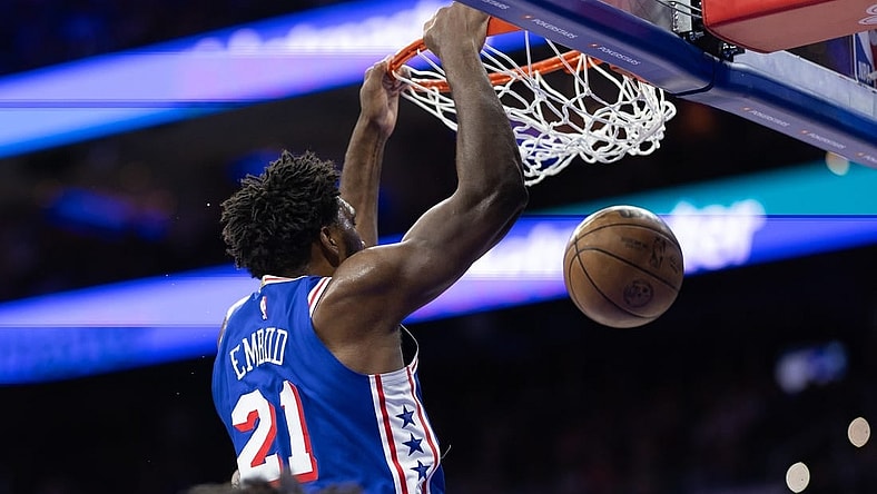 Dec 18, 2023; Philadelphia, Pennsylvania, USA; Philadelphia 76ers center Joel Embiid (21) dunks the ball against the Chicago Bulls during the first quarter at Wells Fargo Center. Mandatory Credit: Bill Streicher-USA TODAY Sports