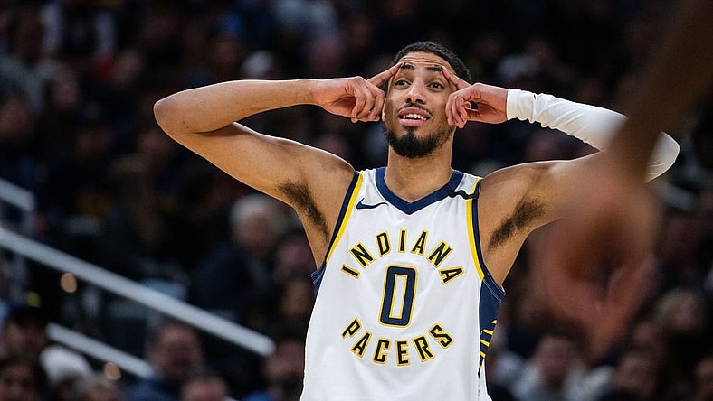Dec 18, 2023; Indianapolis, Indiana, USA;  Indiana Pacers guard Tyrese Haliburton (0) in the first half against the LA Clippers at Gainbridge Fieldhouse. Mandatory Credit: Trevor Ruszkowski-USA TODAY Sports