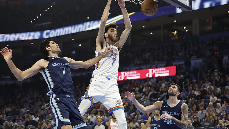 Dec 18, 2023; Oklahoma City, Oklahoma, USA; Oklahoma City Thunder forward Chet Holmgren (7) dunks against Memphis Grizzlies forward Santi Aldama (7) during the second quarter at Paycom Center. Mandatory Credit: Alonzo Adams-USA TODAY Sports