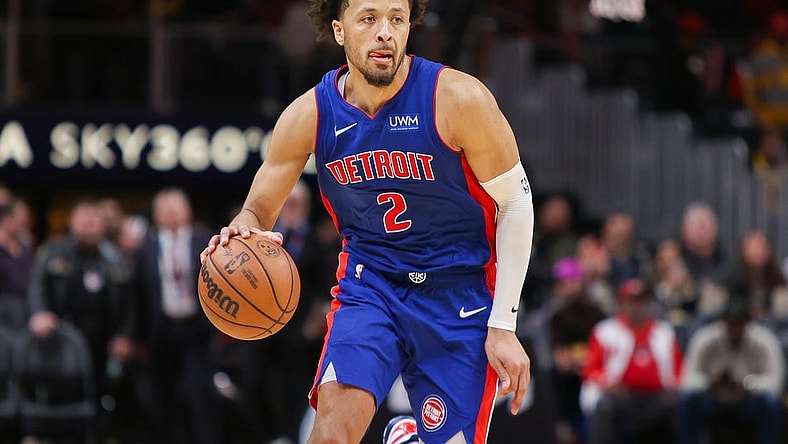 Dec 18, 2023; Atlanta, Georgia, USA; Detroit Pistons guard Cade Cunningham (2) dribbles against the Atlanta Hawks in the second half at State Farm Arena. Mandatory Credit: Brett Davis-USA TODAY Sports