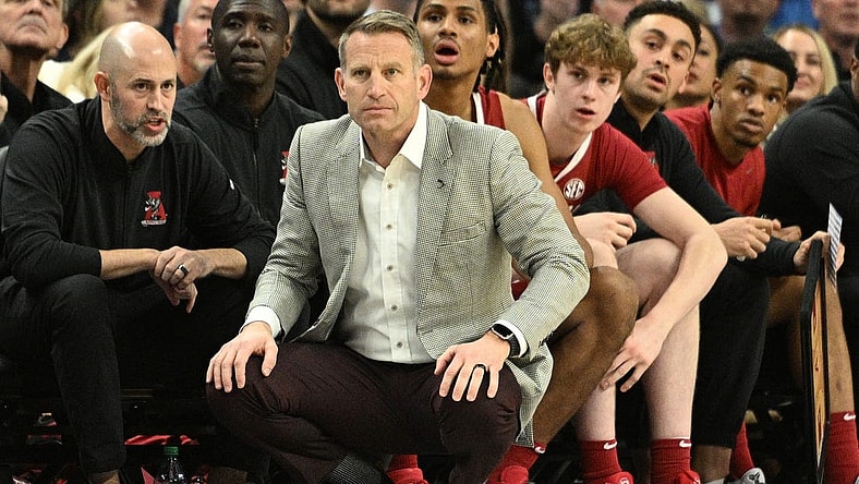 Dec 16, 2023; Omaha, Nebraska, USA;  Alabama Crimson Tide head coach Nate Oats watches action against the Creighton Bluejays in the first half  at CHI Health Center Omaha. Mandatory Credit: Steven Branscombe-USA TODAY Sports