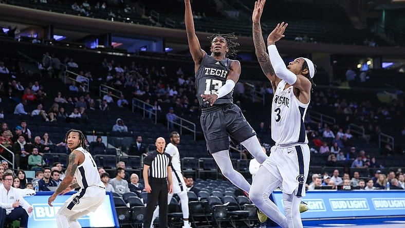 Dec 16, 2023; New York, New York, USA; Georgia Tech Yellow Jackets guard Miles Kelly (13) and Penn State Nittany Lions guard Nick Kern Jr. (3) at Madison Square Garden. Mandatory Credit: Wendell Cruz-USA TODAY Sports