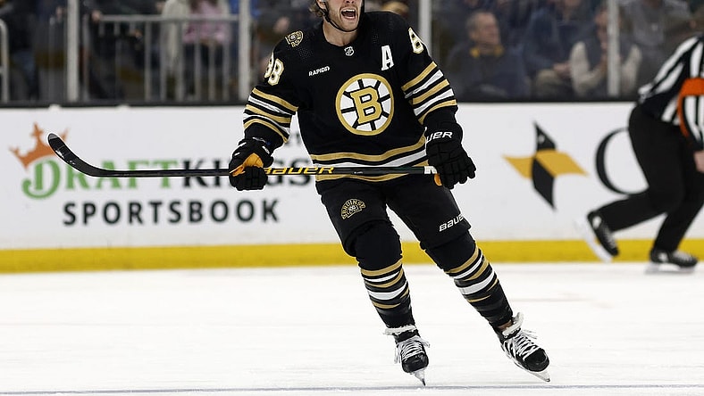Dec 19, 2023; Boston, Massachusetts, USA; Boston Bruins right wing David Pastrnak (88) skates against the Minnesota Wild during the first period at TD Garden. Mandatory Credit: Winslow Townson-USA TODAY Sports